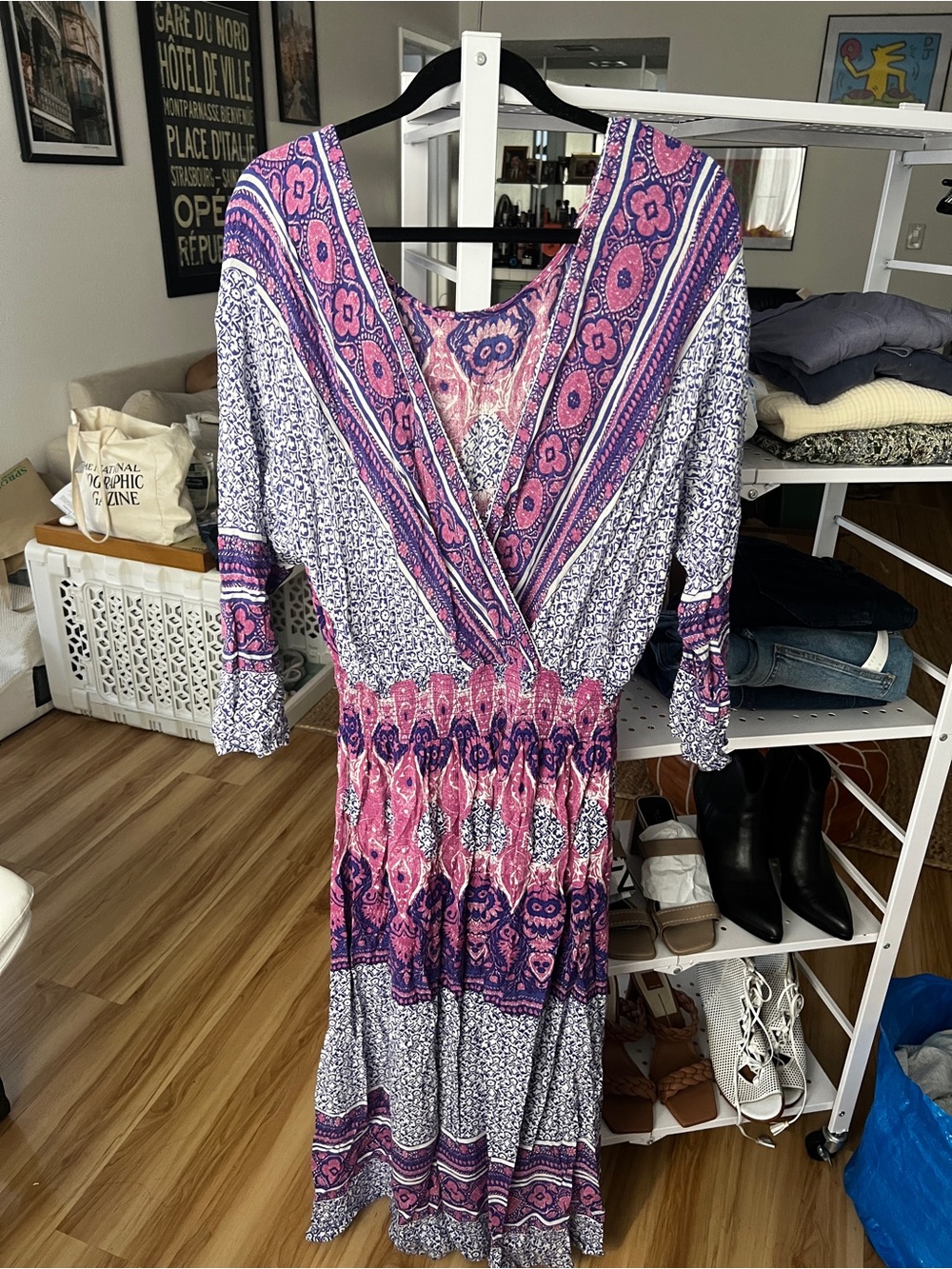 Free People Pink & Purple Boho Wrap Midi Dress